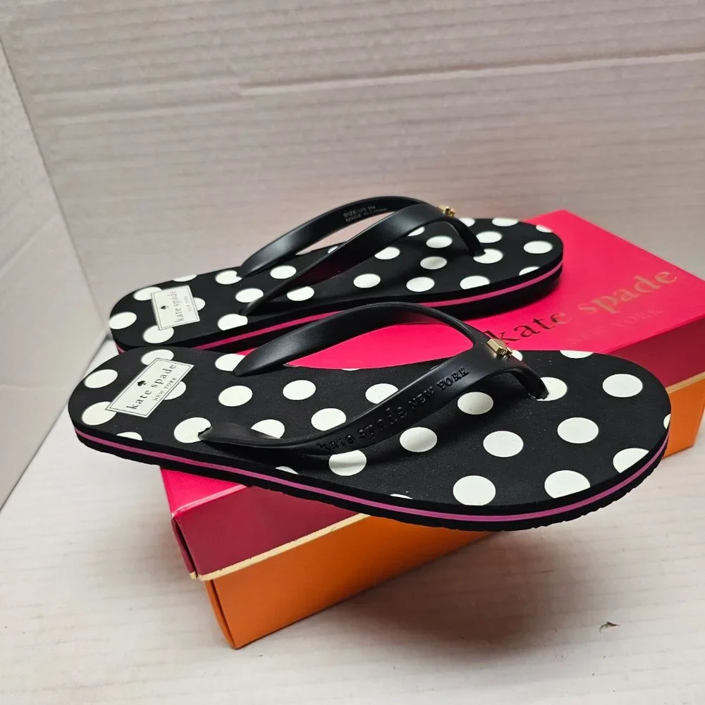 New Kate Spade New York Black White Polka Dot Flip Flops Pink Stripe Sandals 9 M